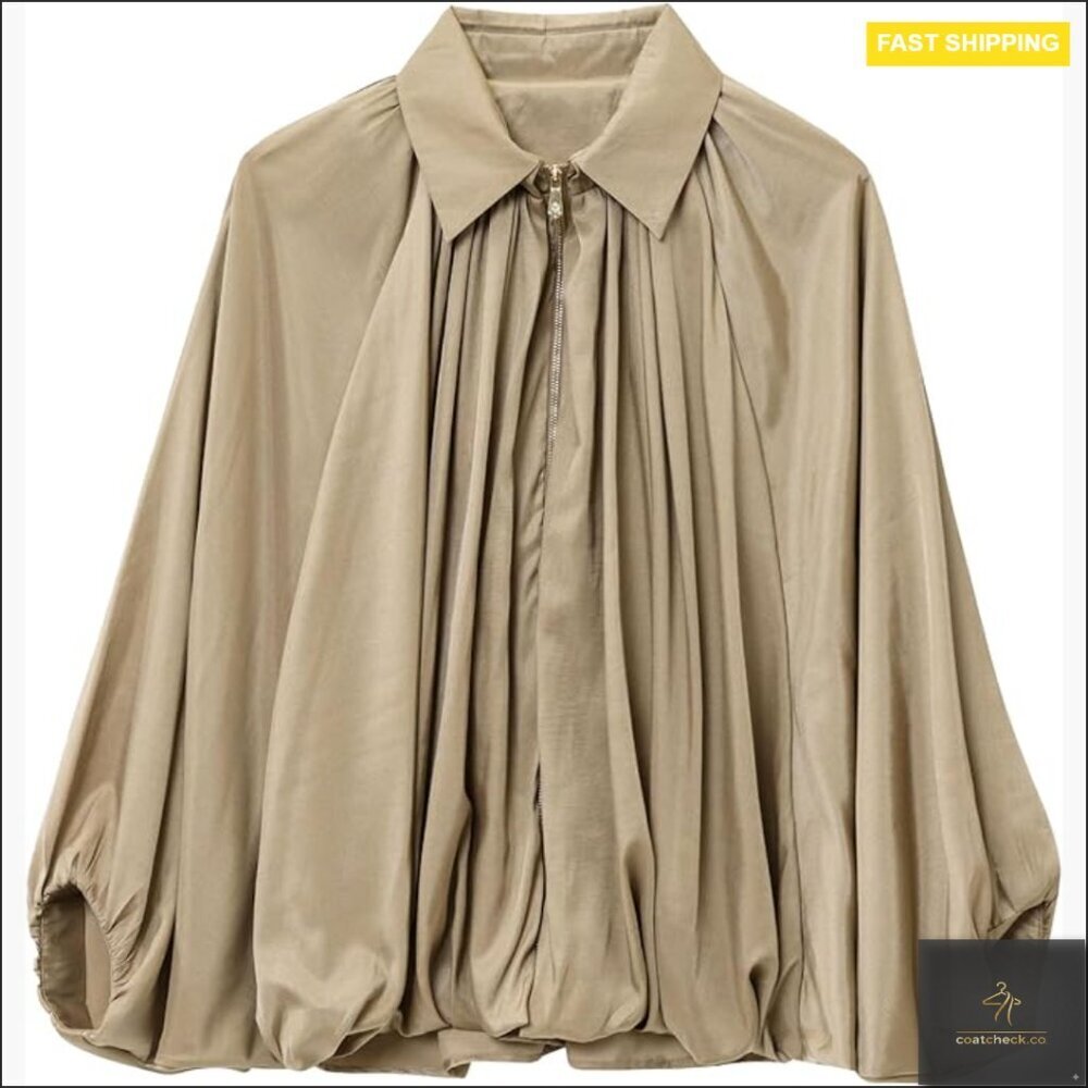 Puffed Bomber Jacket Batwing Sleeve Lapel Collar Zip Oversized Pleated